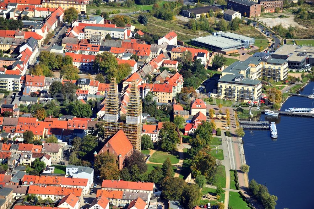 Neuruppin from above - Church building in Sankt Trinitatis Old Town- center of downtown in Neuruppin in the state Brandenburg, Germany