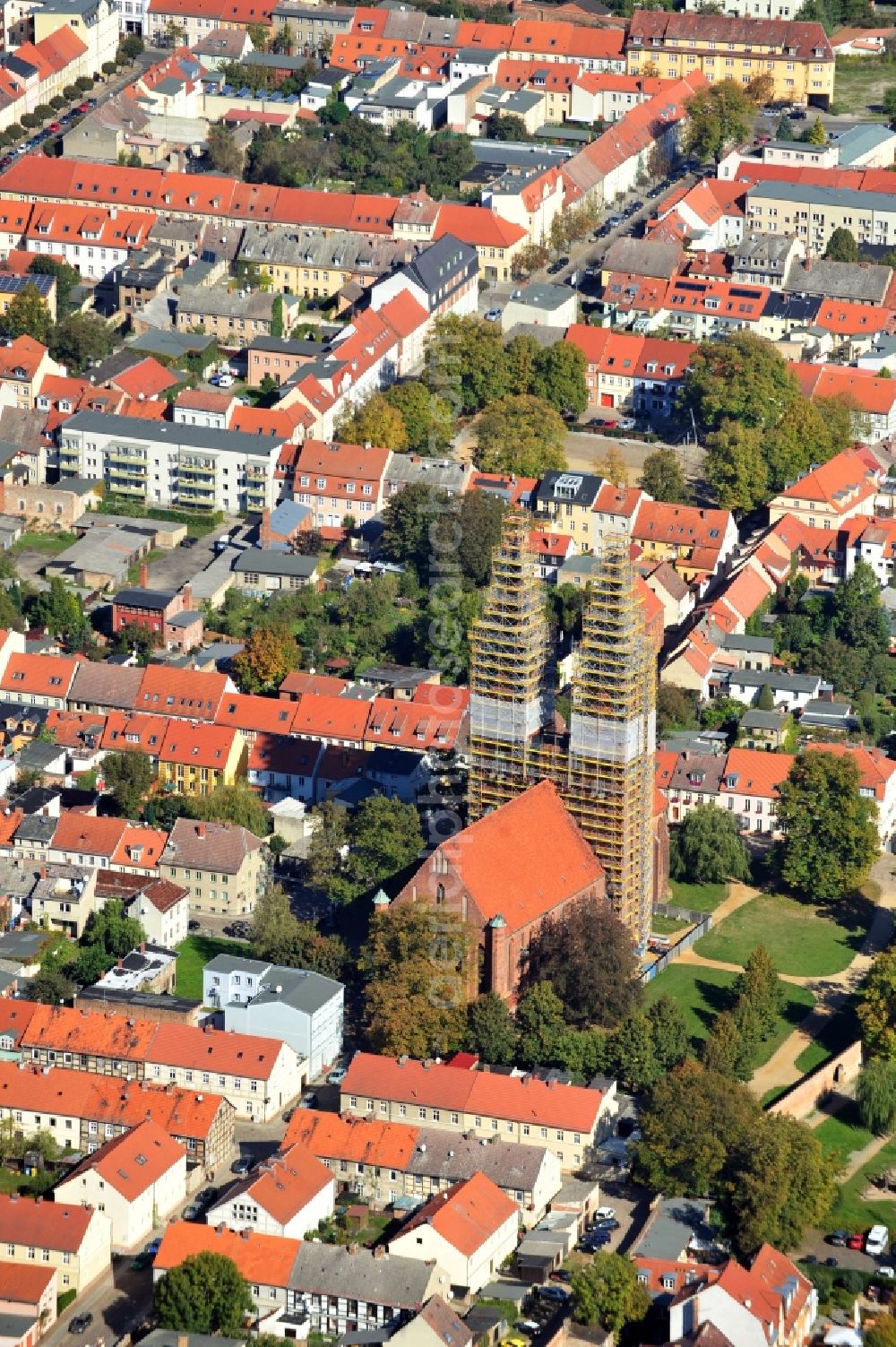 Neuruppin from the bird's eye view: Church building in Sankt Trinitatis Old Town- center of downtown in Neuruppin in the state Brandenburg, Germany