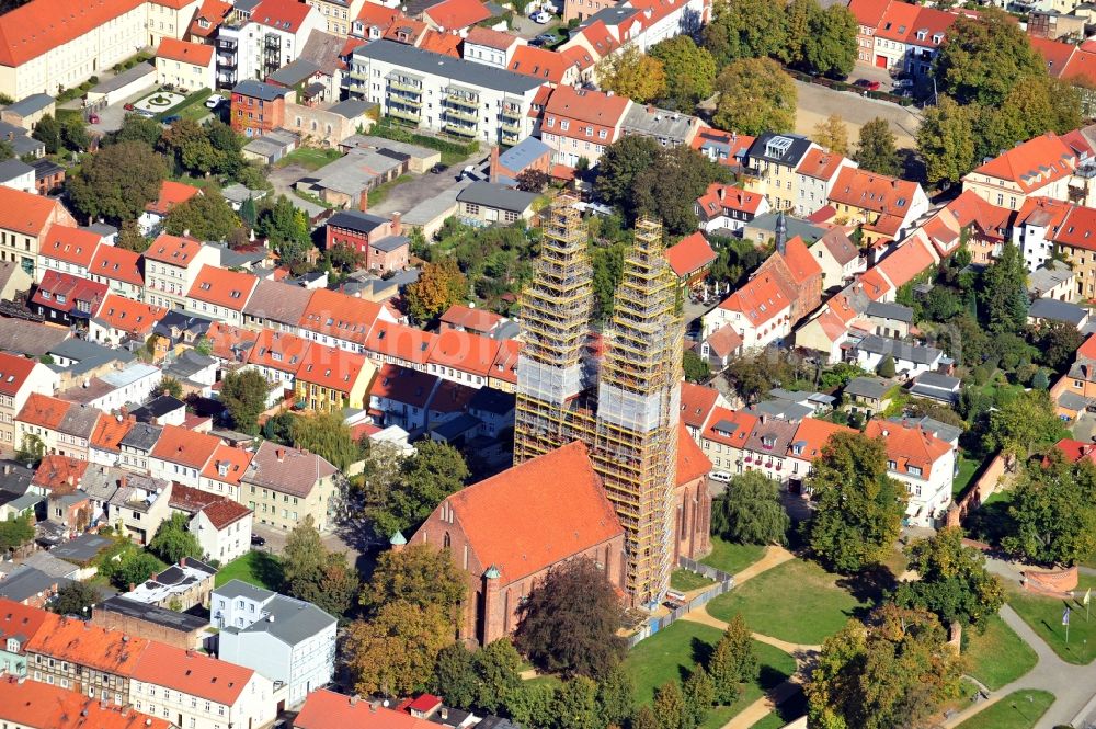 Aerial image Neuruppin - Church building in Sankt Trinitatis Old Town- center of downtown in Neuruppin in the state Brandenburg, Germany