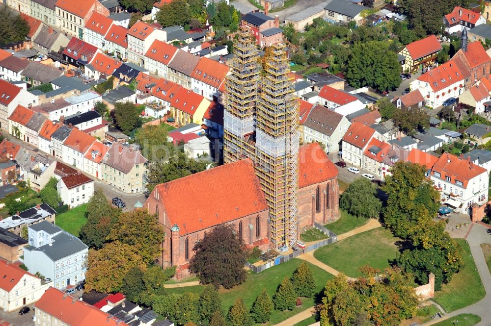 Aerial photograph Neuruppin - Church building in Sankt Trinitatis Old Town- center of downtown in Neuruppin in the state Brandenburg, Germany