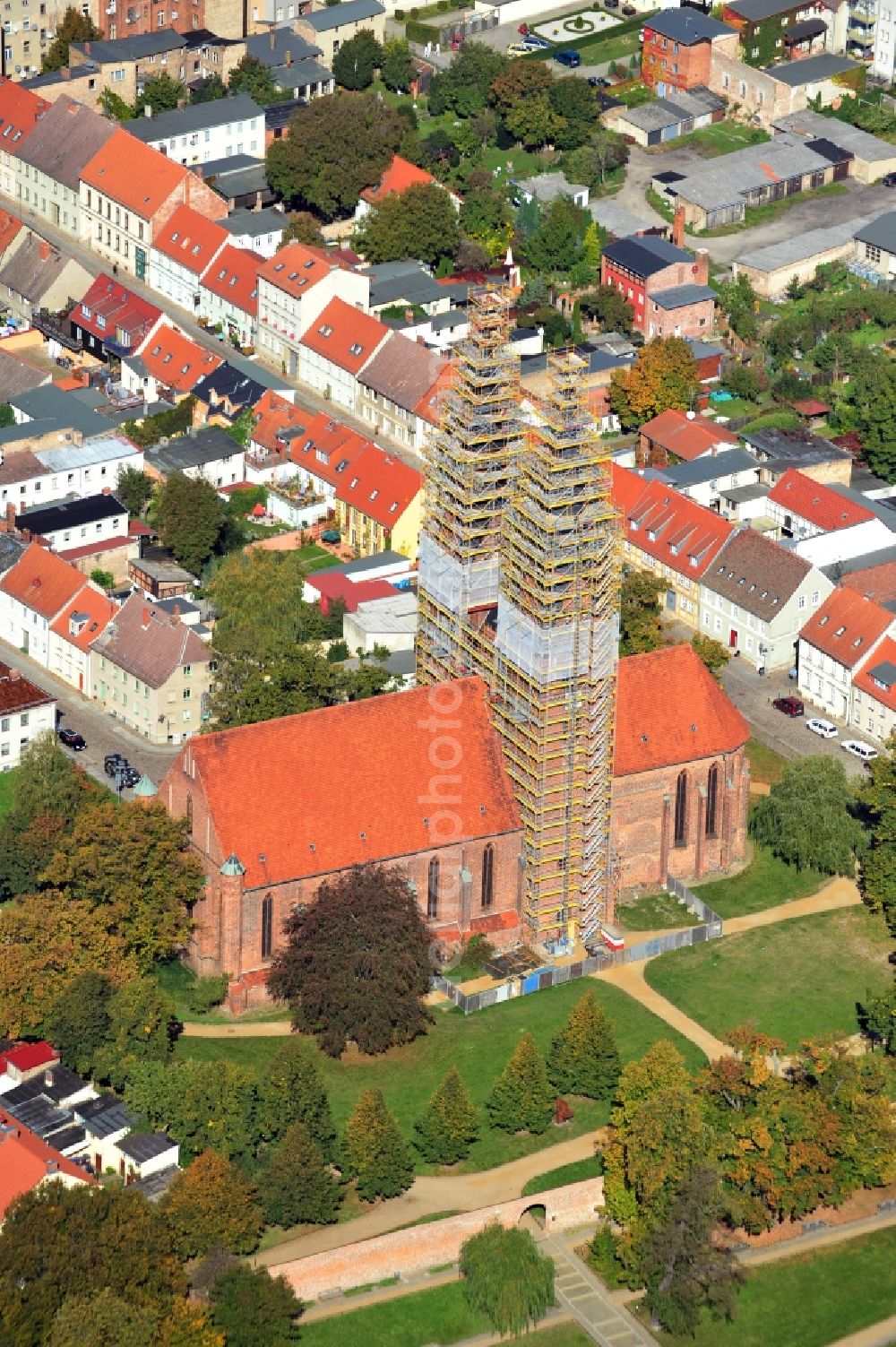 Neuruppin from above - Church building in Sankt Trinitatis Old Town- center of downtown in Neuruppin in the state Brandenburg, Germany