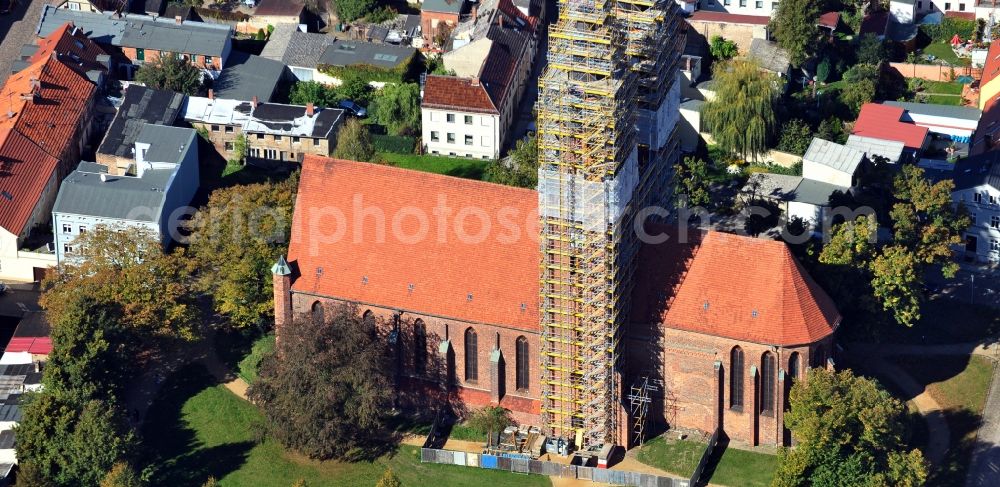 Aerial image Neuruppin - Church building in Sankt Trinitatis Old Town- center of downtown in Neuruppin in the state Brandenburg, Germany