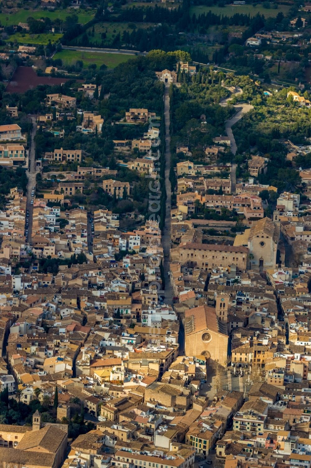 Pollenca from the bird's eye view: Church building in of Santa Maria dels Angels Old Town- center of downtown in Pollenca in Balearische Insel Mallorca, Spain