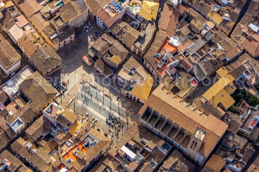 Aerial image Pollenca - Church building in of Santa Maria dels Angels Old Town- center of downtown in Pollenca in Balearische Insel Mallorca, Spain