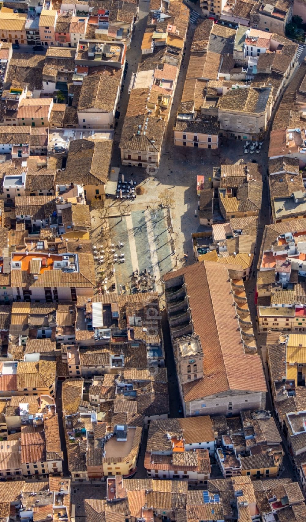 Aerial photograph Pollenca - Church building in of Santa Maria dels Angels Old Town- center of downtown in Pollenca in Balearische Insel Mallorca, Spain