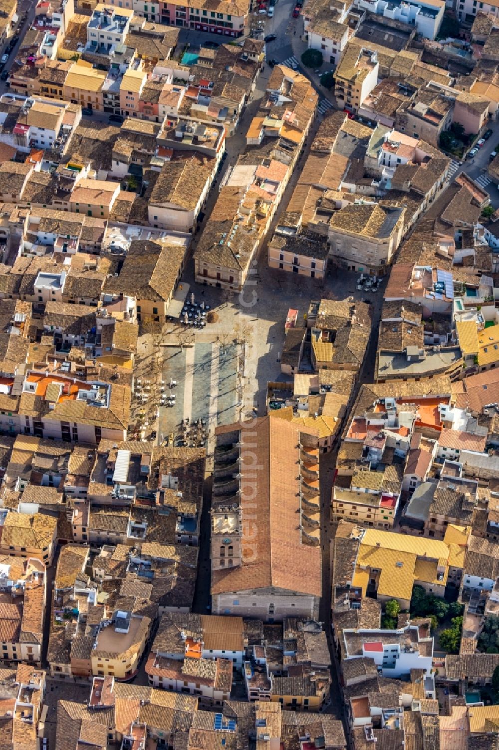 Pollenca from above - Church building in of Santa Maria dels Angels Old Town- center of downtown in Pollenca in Balearische Insel Mallorca, Spain