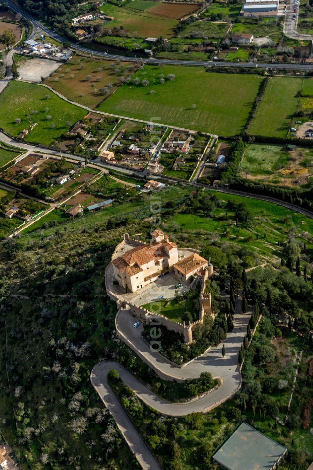 Aerial photograph Arta - Church building Santuari de Sant Salvador in Arta in Balearische Insel Mallorca, Spain