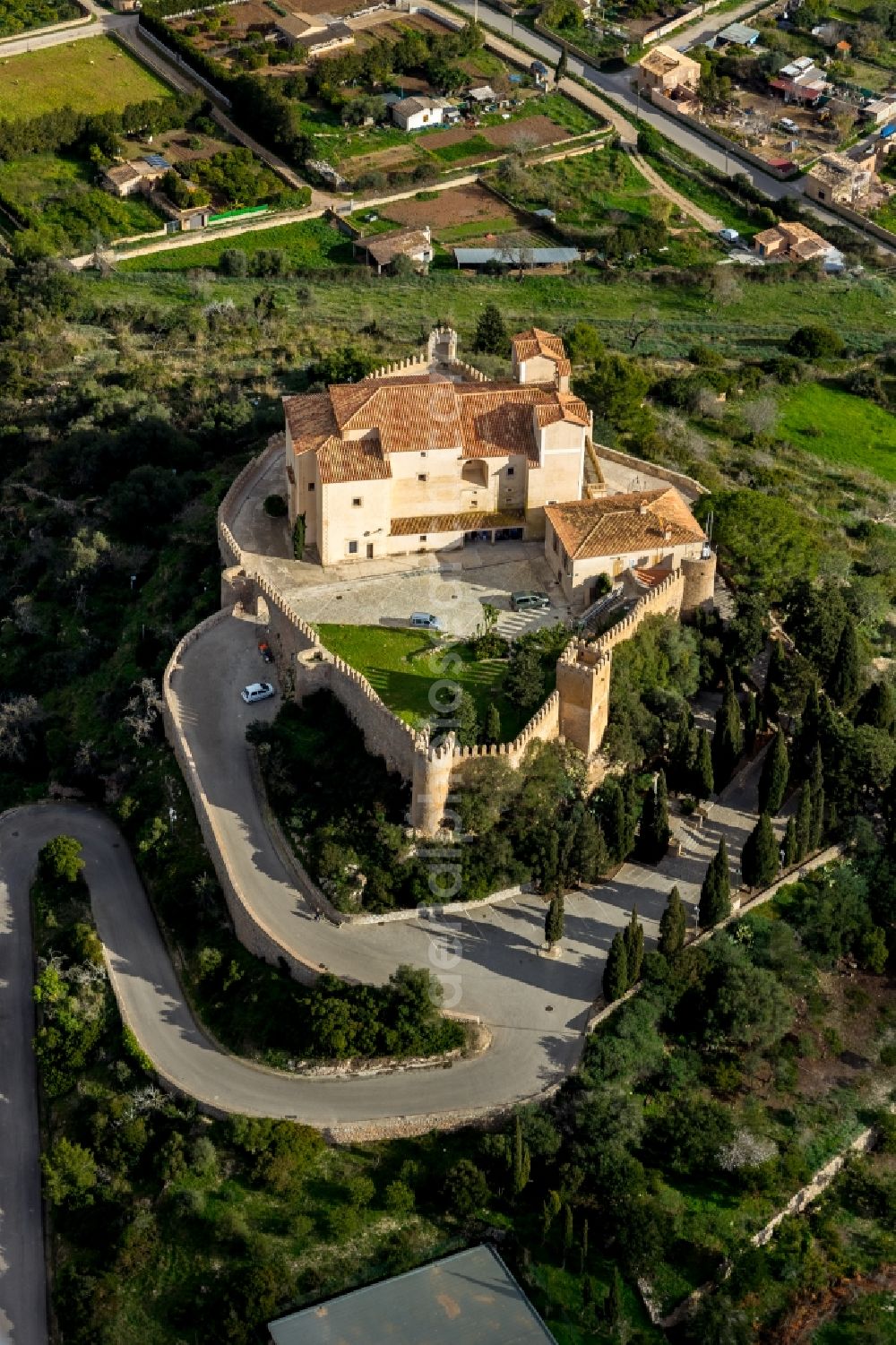 Arta from the bird's eye view: Church building Santuari de Sant Salvador in Arta in Balearische Insel Mallorca, Spain