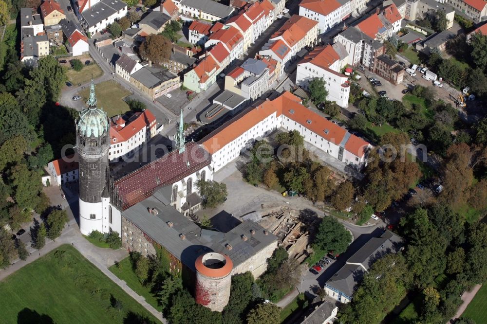 Aerial image Lutherstadt Wittenberg - Church building in Schlosskirche Old Town- center of downtown in Lutherstadt Wittenberg in the state Saxony-Anhalt, Germany