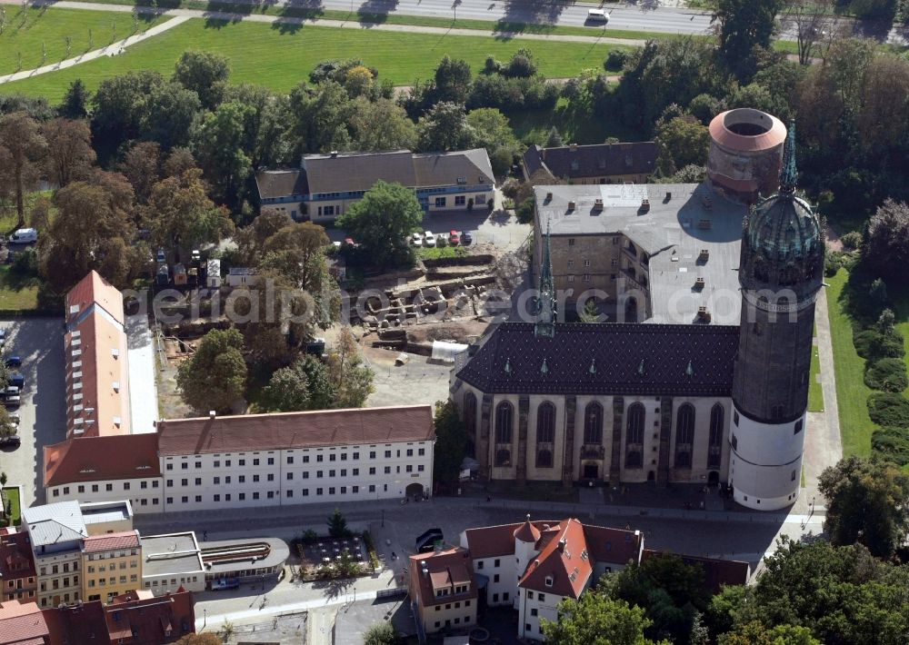 Aerial photograph Lutherstadt Wittenberg - Church building in Schlosskirche Old Town- center of downtown in Lutherstadt Wittenberg in the state Saxony-Anhalt, Germany