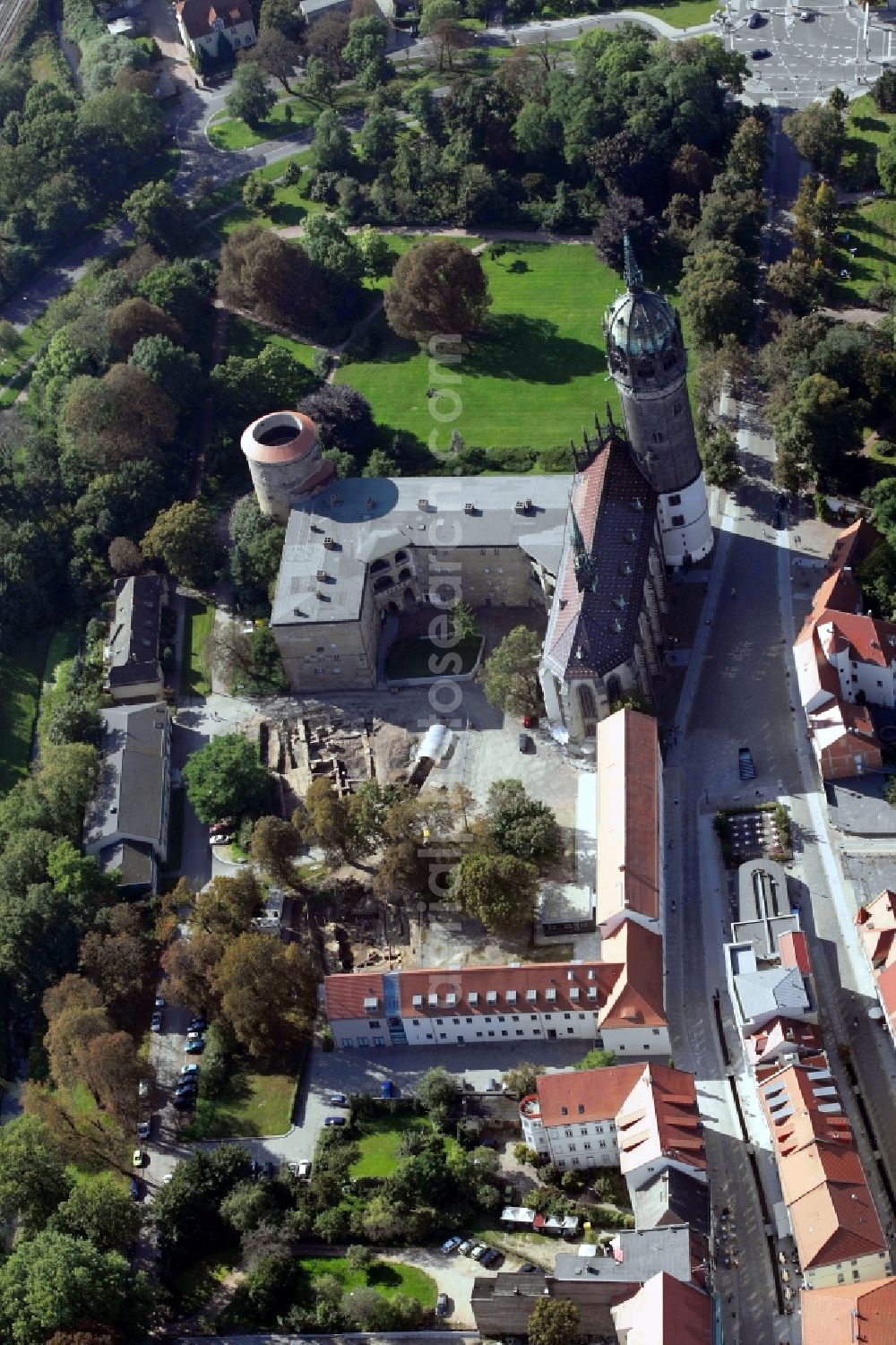 Lutherstadt Wittenberg from above - Church building in Schlosskirche Old Town- center of downtown in Lutherstadt Wittenberg in the state Saxony-Anhalt, Germany