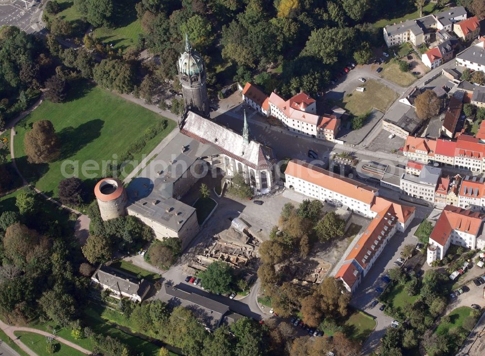 Lutherstadt Wittenberg from the bird's eye view: Church building in Schlosskirche Old Town- center of downtown in Lutherstadt Wittenberg in the state Saxony-Anhalt, Germany