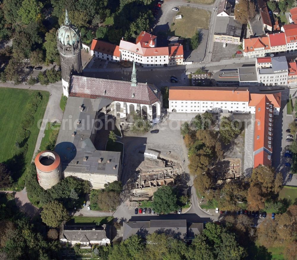 Aerial image Lutherstadt Wittenberg - Church building in Schlosskirche Old Town- center of downtown in Lutherstadt Wittenberg in the state Saxony-Anhalt, Germany