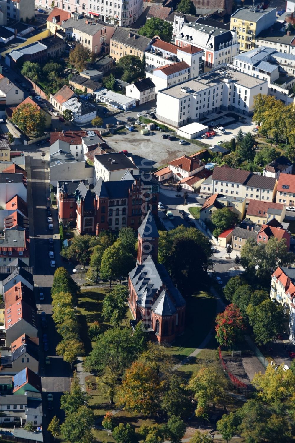 Aerial photograph Fürstenwalde/Spree - Church building on Seilerplatz in Fuerstenwalde/Spree in the state Brandenburg, Germany