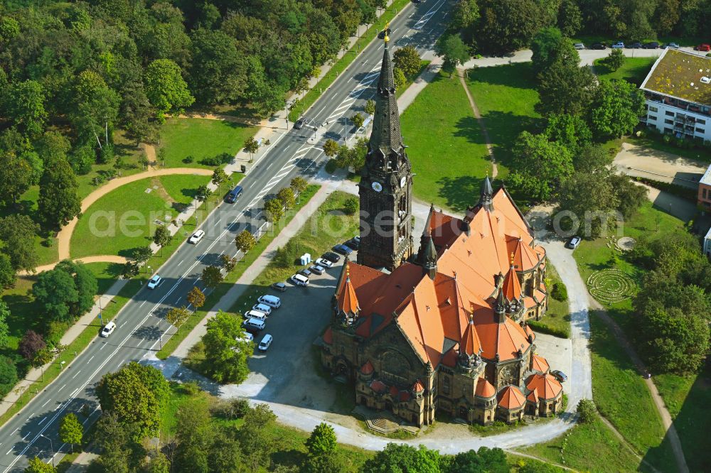 Dresden from above - Church building Simultankirche Sankt Martin (ehemalige Garnisonkirche) on Stauffenbergallee in the district Aeussere Neustadt in Dresden in the state Saxony, Germany