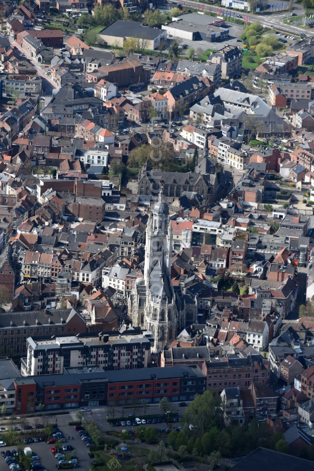 Halle from above - Church building Sint-Martinus Basiliek Halle Kardinaal on Cardijnstraat in Old Town- center of downtown in Halle in Vlaan deren, Belgium