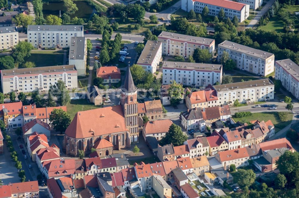 Calau from above - Church building in townchurch Old Town- center of downtown in Calau in the state Brandenburg, Germany