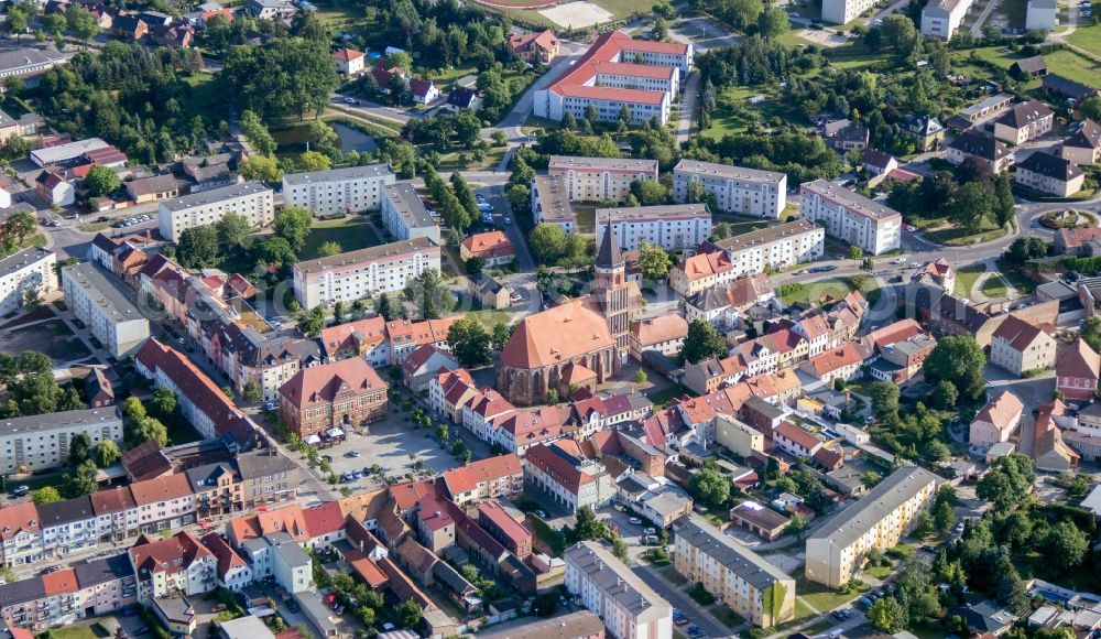 Calau from the bird's eye view: Church building in townchurch Old Town- center of downtown in Calau in the state Brandenburg, Germany