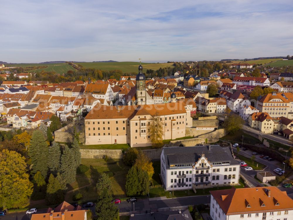 Dippoldiswalde from above - Church building in Stadtkirche Dippoldiswalde Old Town- center of downtown on place Kirchplatz in Dippoldiswalde in the state Saxony, Germany