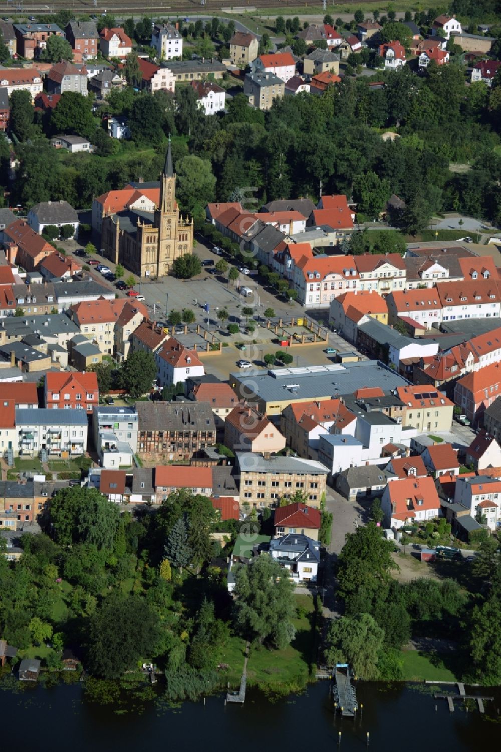 Fürstenberg/Havel from above - Church building Stadtkirche in Fuerstenberg/Havel in the state Brandenburg