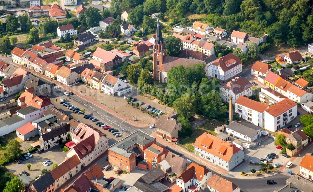 Aerial image Burg Stargard - Church building of the town church in the historical town center in Burg Stargard in the state of Mecklenburg - Western Pomerania