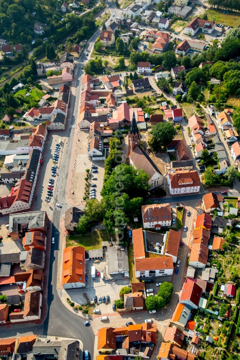 Burg Stargard from above - Church building of the town church in the historical town center in Burg Stargard in the state of Mecklenburg - Western Pomerania