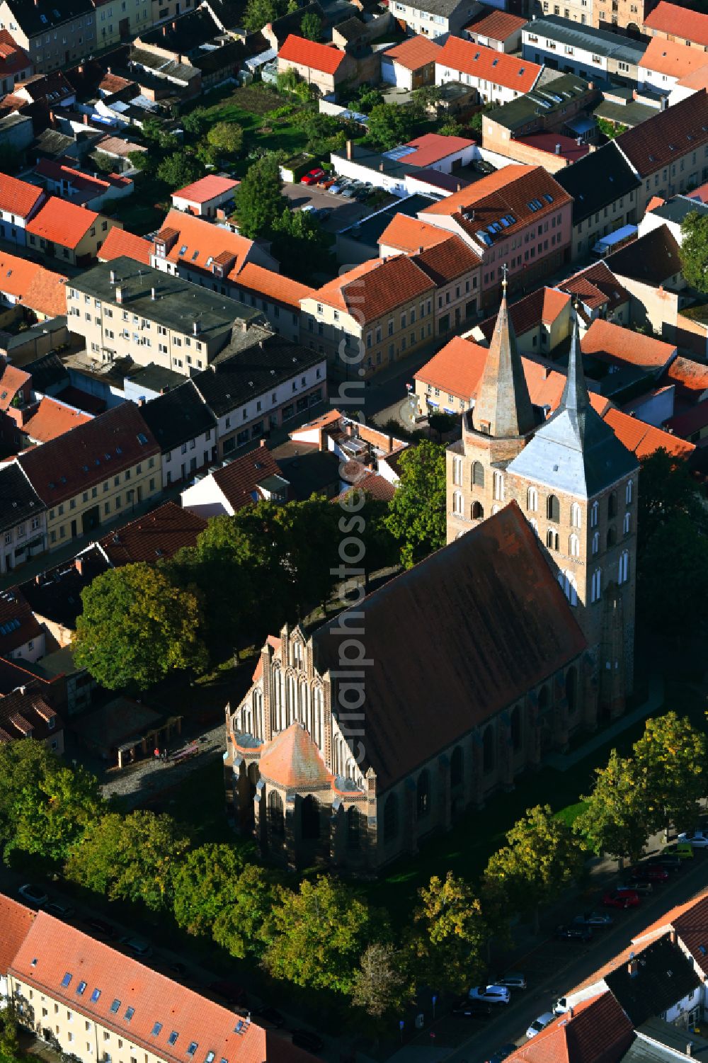 Aerial image Gransee - Church building Stadtkirche St. Marien in Gransee in the state Brandenburg, Germany