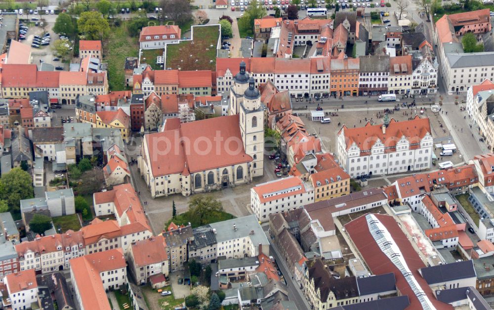 Lutherstadt Wittenberg from above - Church building Stadtkirche St. Marien zu Wittenberg - colloquially known as Marienkirche in the old town center of the city center on Kirchplatz in Lutherstadt Wittenberg in the federal state of Saxony-Anhalt, Germany