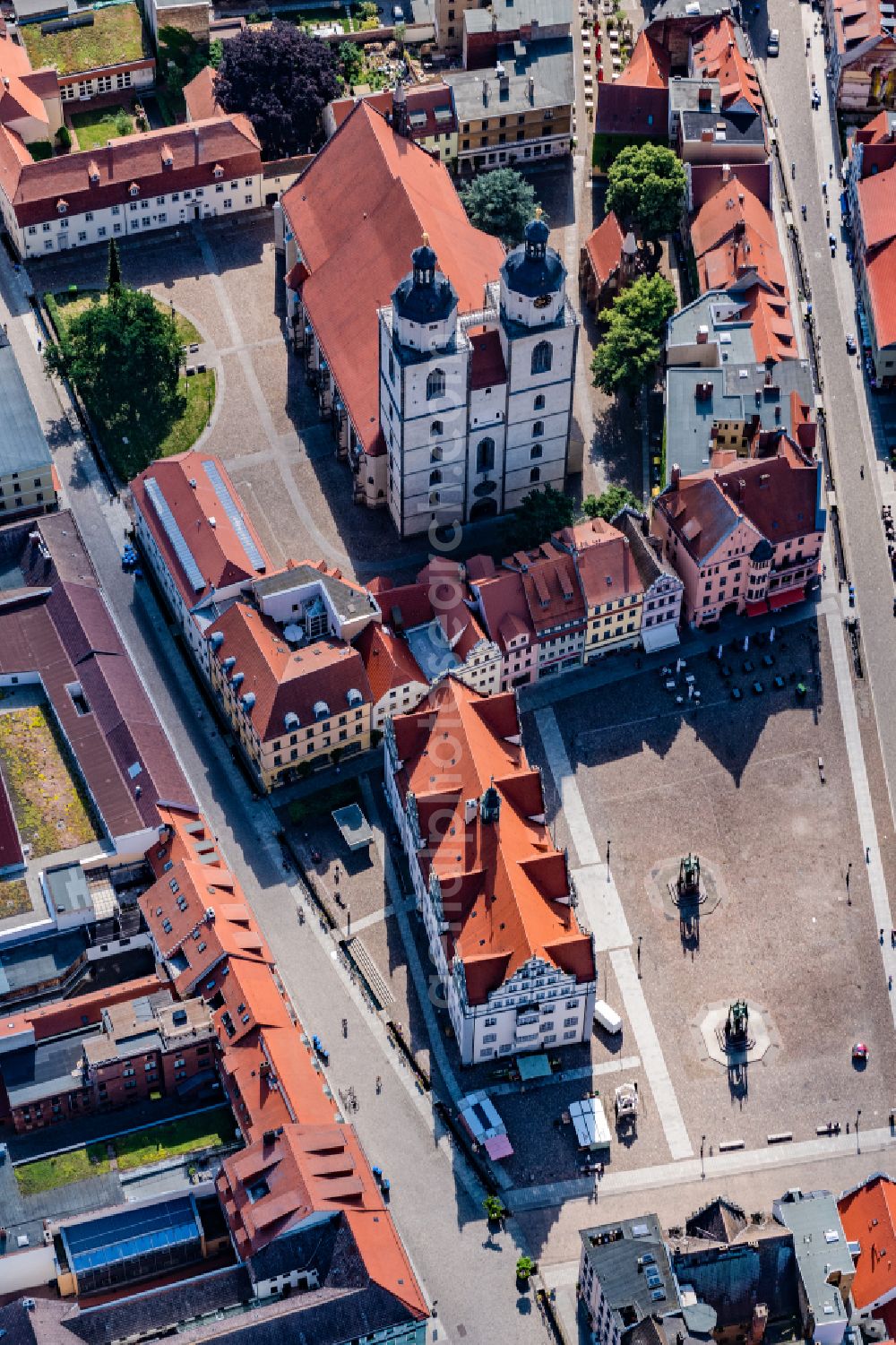 Lutherstadt Wittenberg from above - Church building Stadtkirche St. Marien zu Wittenberg - colloquially known as Marienkirche in the old town center of the city center on Kirchplatz in Lutherstadt Wittenberg in the federal state of Saxony-Anhalt, Germany