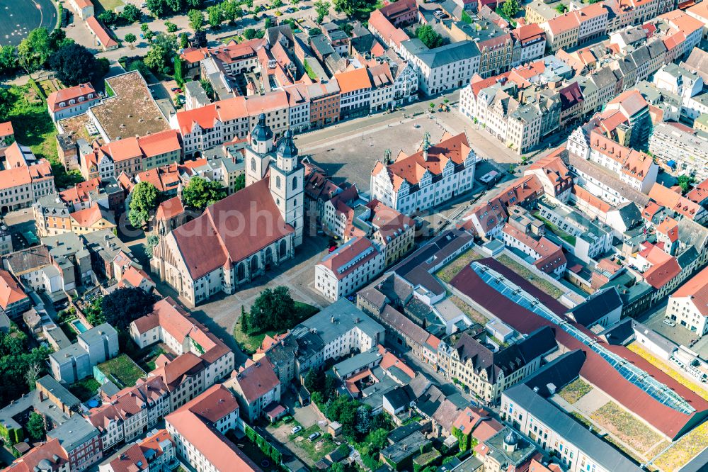 Lutherstadt Wittenberg from the bird's eye view: Church building Stadtkirche St. Marien zu Wittenberg - colloquially known as Marienkirche in the old town center of the city center on Kirchplatz in Lutherstadt Wittenberg in the federal state of Saxony-Anhalt, Germany