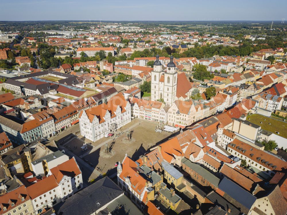 Lutherstadt Wittenberg from above - Church building Stadtkirche St. Marien zu Wittenberg - colloquially known as Marienkirche in the old town center of the city center on Kirchplatz in Lutherstadt Wittenberg in the federal state of Saxony-Anhalt, Germany