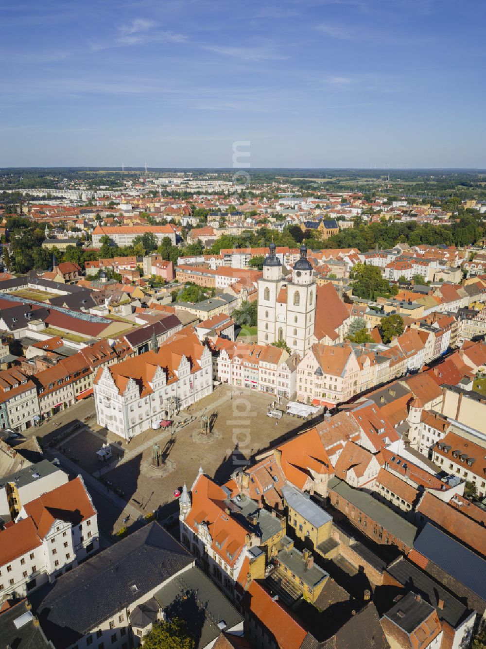 Lutherstadt Wittenberg from the bird's eye view: Church building Stadtkirche St. Marien zu Wittenberg - colloquially known as Marienkirche in the old town center of the city center on Kirchplatz in Lutherstadt Wittenberg in the federal state of Saxony-Anhalt, Germany