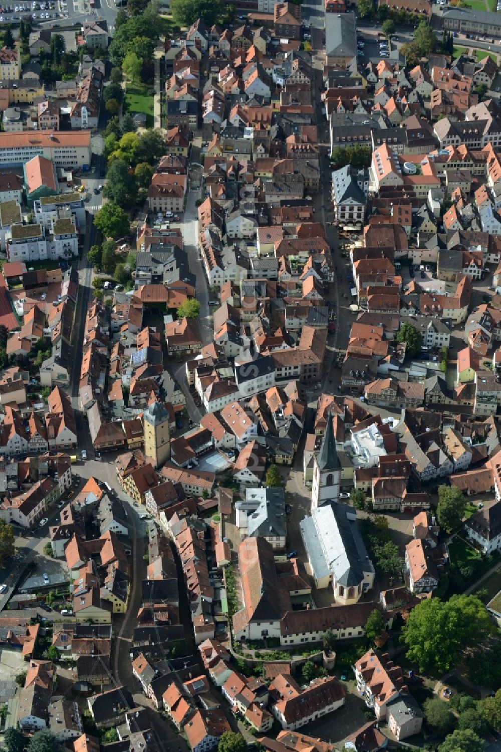 Aerial image Lohr am Main - Church building in Stadtpfarrkirche Old Town- center of downtown in Lohr am Main in the state Bavaria