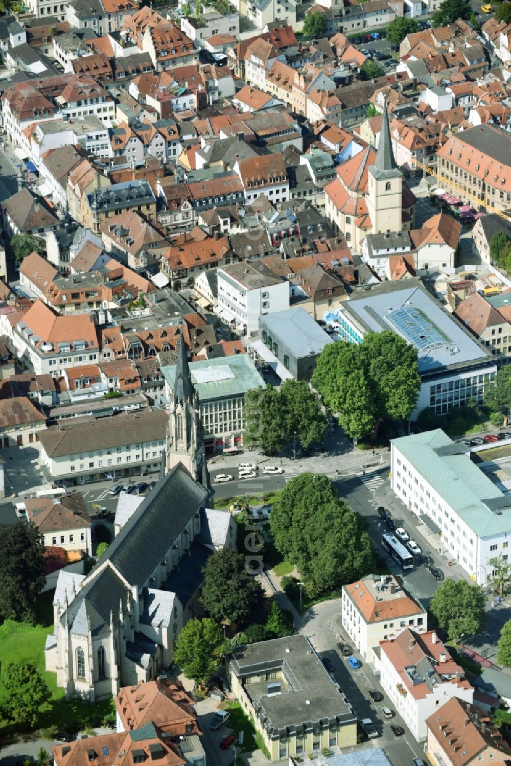 Aerial image Bad Kissingen - Church building in Stadtpfarrkirche on Von-Hessing-Strasse Old Town- center of downtown in Bad Kissingen in the state Bavaria, Germany