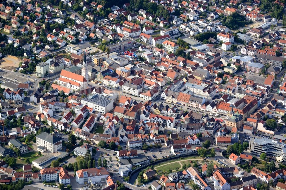 Pfaffenhofen from above - Church building of Stadtpfarrkirche St. Johannes Baptist and view of the historic town- center of Pfaffenhofen in the state of Bavaria