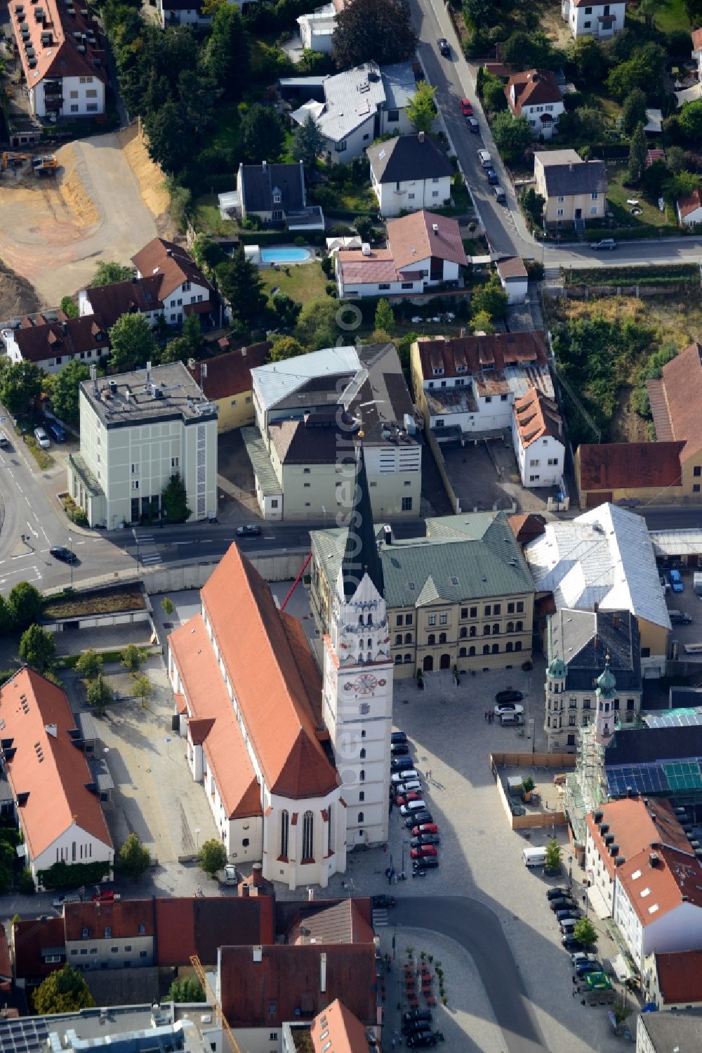 Pfaffenhofen from above - Church building of Stadtpfarrkirche St. Johannes Baptist and view of the historic town- center of Pfaffenhofen in the state of Bavaria