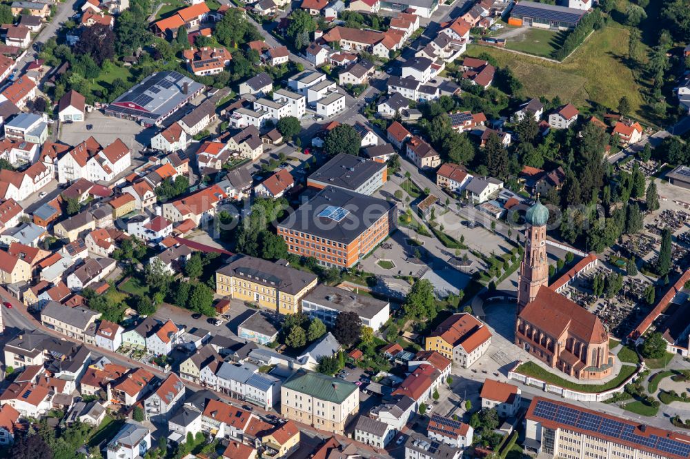 Vilsbiburg from above - Church building of Mariae Himmelfahrt and school in the village of on street Kirchenweg in Vilsbiburg in the state Bavaria, Germany