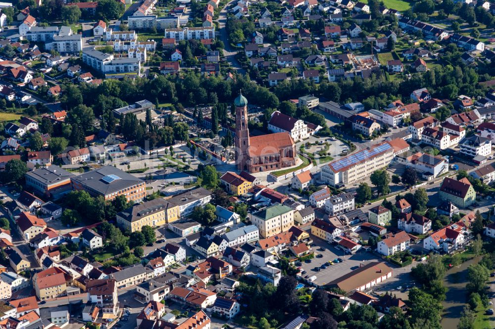 Vilsbiburg from above - Church building of Mariae Himmelfahrt and school in the village of on street Kirchenweg in Vilsbiburg in the state Bavaria, Germany