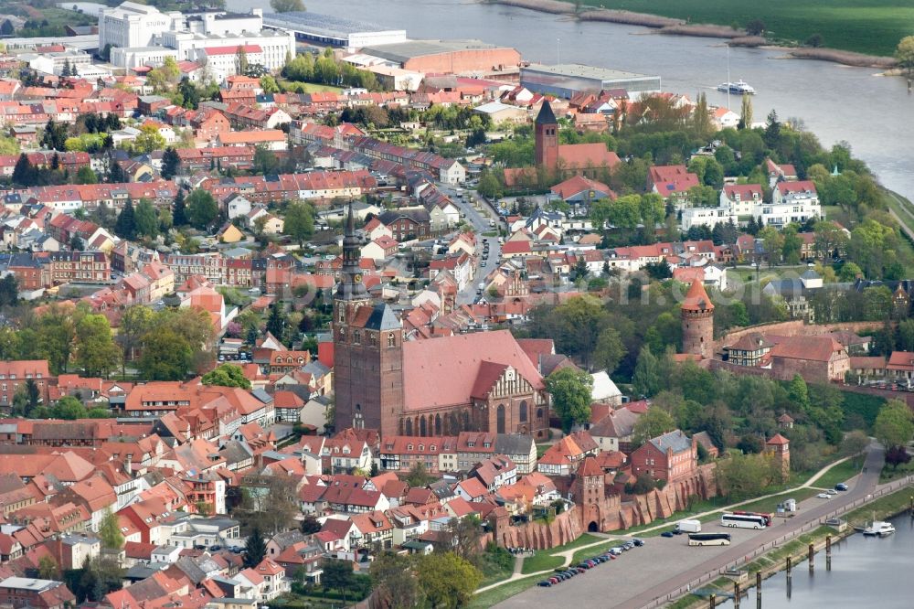 Tangermünde from above - Church building in St. Stephan Old Town- center of downtown in Tangermuende in the state Saxony-Anhalt