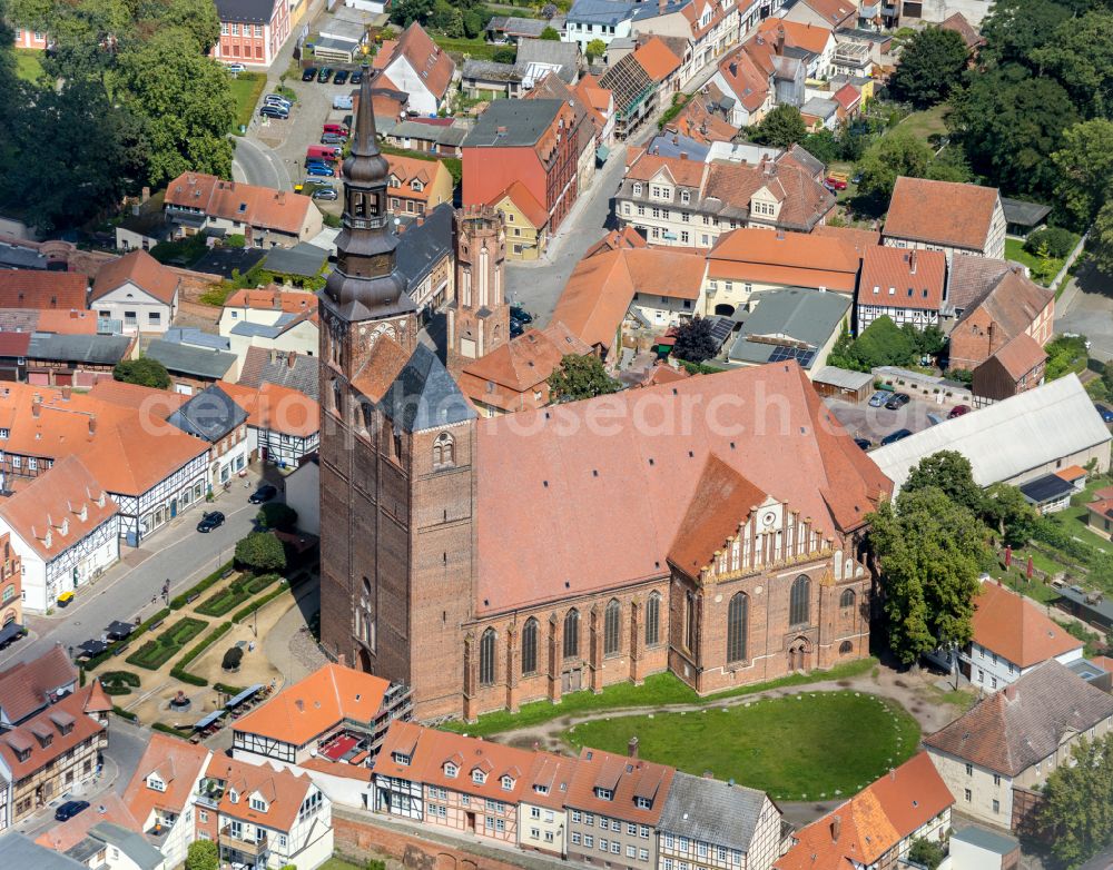 Aerial image Tangermünde - Church building in St. Stephan Old Town- center of downtown in Tangermuende in the state Saxony-Anhalt