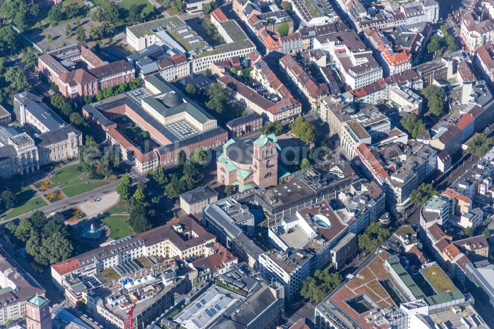 Aerial image Karlsruhe - Church building St. Stephan on Erbprinzenstrasse in the district Innenstadt-West in Karlsruhe in the state Baden-Wurttemberg, Germany