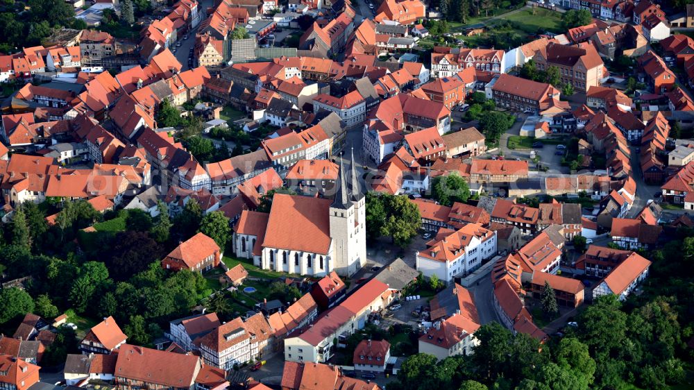 Osterwieck from above - Church building in Stephanikirche Old Town- center of downtown on street Stephanikirchhof in Osterwieck in the state Saxony-Anhalt, Germany