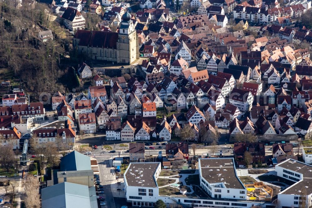 Aerial photograph Herrenberg - Church building of the Stiftskirche in Old Town- center of downtown in Herrenberg in the state Baden-Wurttemberg