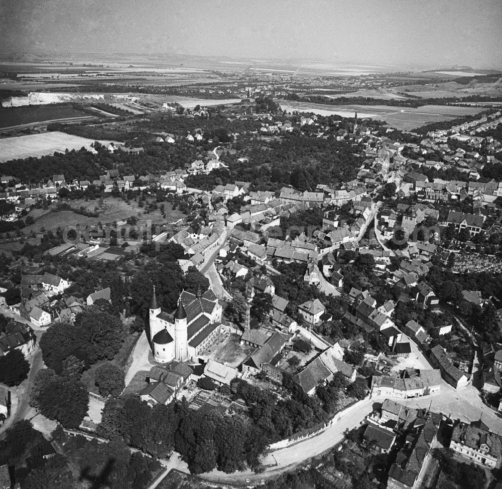 Aerial image Gernrode - Church building of the pencil church Saint Cyriakus in the Old Town centre of the city centre in Gernrode in the federal state Saxony-Anhalt on the former territory of the German democratic republic (GDR)