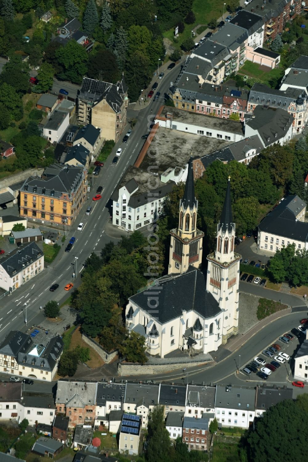 Oelsnitz/Vogtl. from above - Church building of St.Jakobi-Church in the historic town center of Oelsnitz/Vogtl. in the state of Saxony