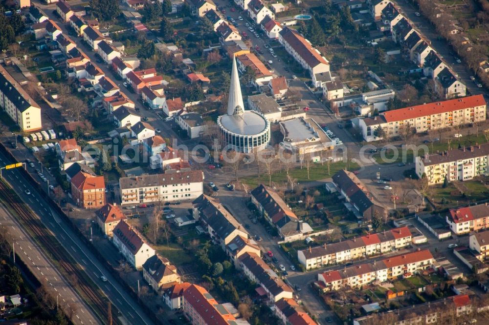 Mannheim from above - Church building of St.Konrad in the district Rheinau in Mannheim in the state Baden-Wuerttemberg, Germany