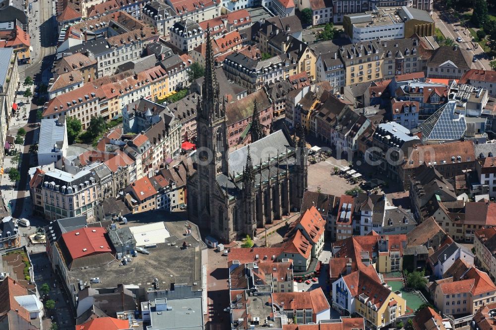 Mülhausen from above - Church building Temple Saint-Étienne in the Old Town- center of downtown in Muelhausen in Frankreich