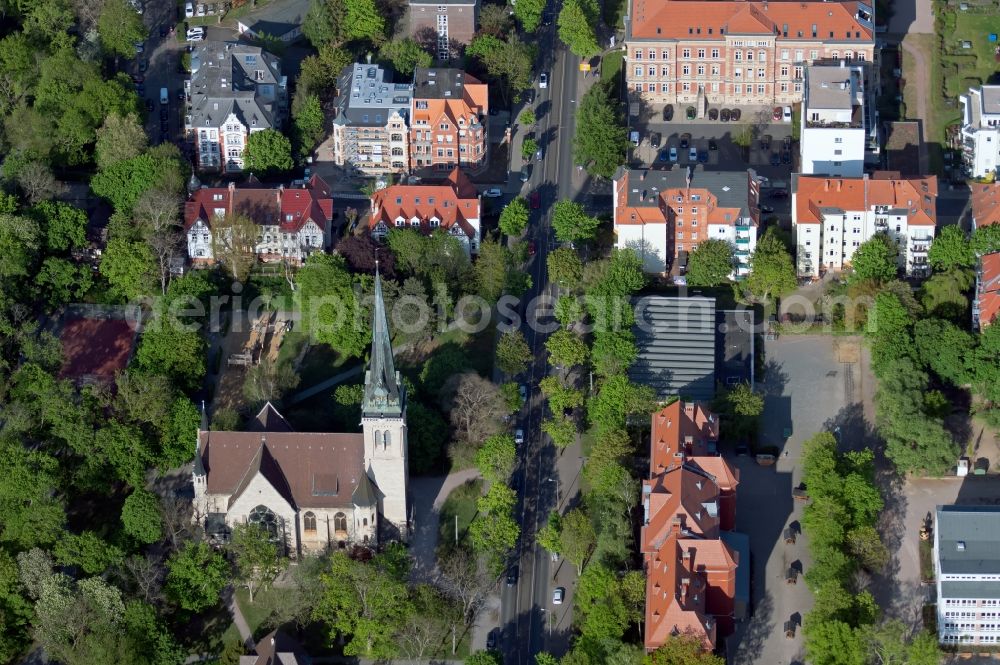 Erfurt from above - Church building of Thomaskirche on Schillerstrasse in Erfurt in the state Thuringia, Germany