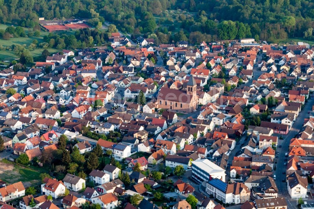 Ötigheim from above - Church building in Oetigheim in the state Baden-Wuerttemberg, Germany