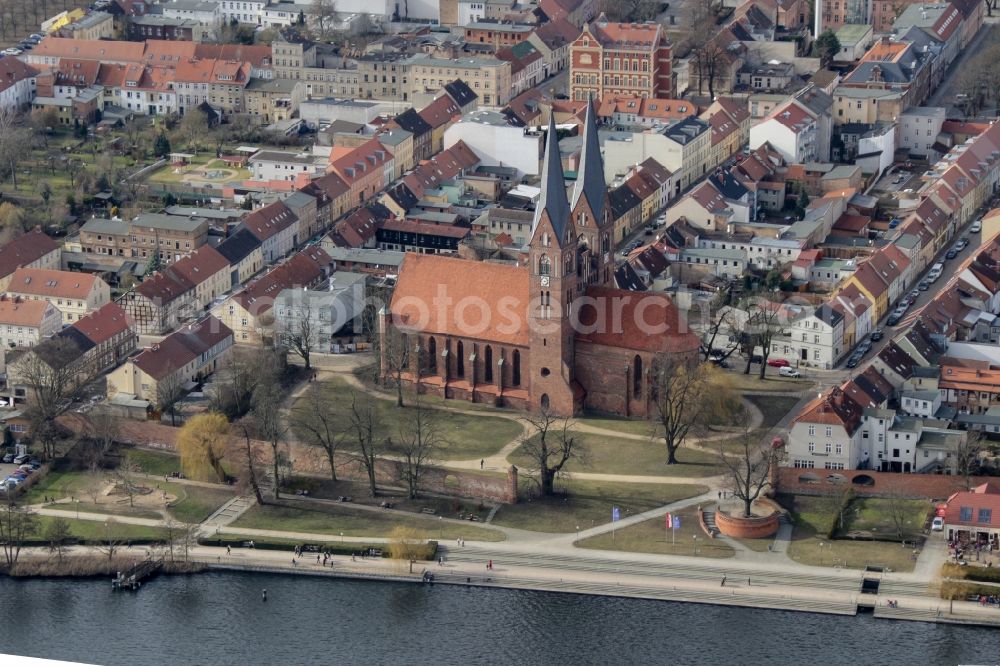 Neuruppin from the bird's eye view: Church building in St. Trinitatis Old Town- center of downtown in Neuruppin in the state Brandenburg